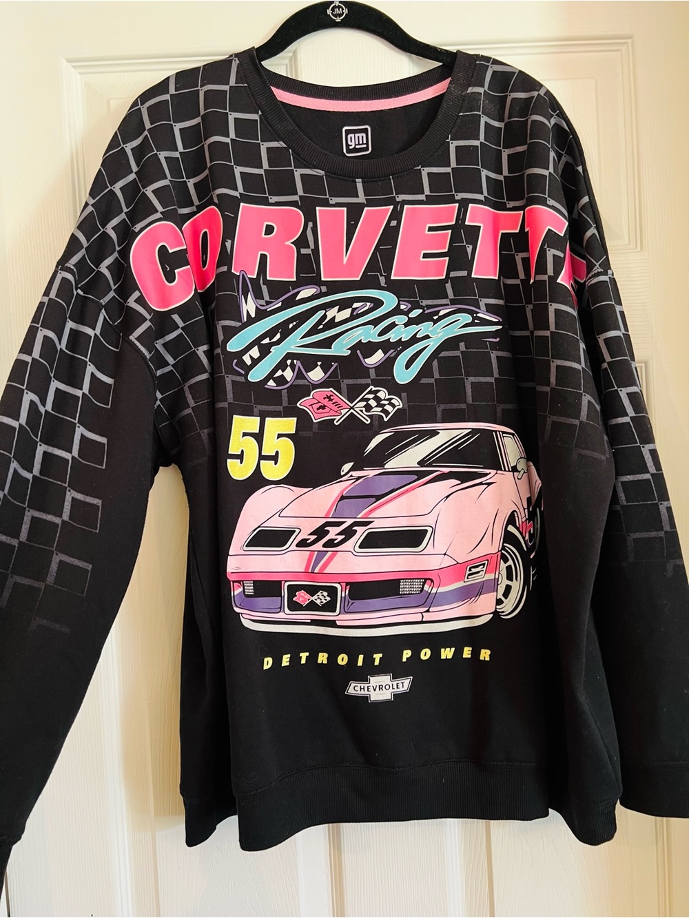 Hybrid Apparel Black Crewneck Sweatshirt with Pink Racing Graphic